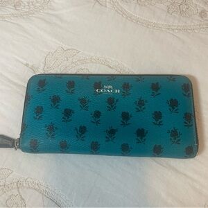 COACH Teal Floral Rose Zip Wallet